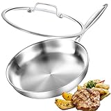 DELARLOCHEF Edelstahlpfanne 28cm mit Deckel,Dreilagige Edelstahl Pfanne Unbeschichtet,Induktions Bratpfanne ohne PTFE und PFOA,Hocheffiziente und Energieeffiziente Pfannen für Steak,Ei,11-Zoll