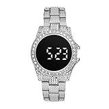 JewelryWe Digitaluhr Damen Herren Digital Armbanduhr Elegant Einzigartig Strass LED Touch-Display Kalender Geschäfts Beiläufige Uhr mit Metall-Armband Silber