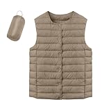TTFDJG Lange Steppweste Damen Große Größen Übergangsjacke Damen Ohne Kapuze Ärmellose Weste Damen Kurz Kurzmantel Damen Frühling Leichte Steppweste Damen Weste Daunen Damen Jacke Herbst Braun L
