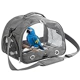 Vogel-Tragetasche mit Stehstange und Edelstahl-Tablett, Vogel Transportbox, Atmungsaktiver Tragbarer Vogelkäfig für Wellensittich/Sittiche/Kleintiere, Bird Transport Box(Grau)