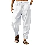 YANFJHV Leinenhose Herren Weiß Gestreift Freizeithose Baggy Jogginghose Atmungsaktive Yogahose Chinohose Mit Gummizug Sporthose Mit Taschen Stretch Trainingshose Schnell-Trockend Fitnesshose