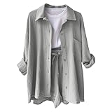 Musselin Zweiteiler Damen Outfit Set Musselin Bluse Shorts Musselin 2 Teiler Kleidung für Damen Elegant Strand Urlaub Loungewear Set Freizeitanzug Leicht Two Piece Mit Oberteil Zweiteiler (Grey-2, S)