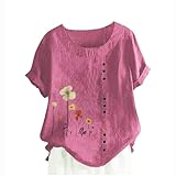 Keepink Oberteil in Übergröße für Damen 36-50, lässiges Leinen-Kurzarm-Top, elegantes Blumenmuster, Sommer-Top, lockeres Boho-T-Shirt, elegant, lässig, Tunika, Hemd für Arbeit, Ausgehen, Urlaub, 4 Hot