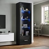SONNI Glasvitrine mit Led Beleuchtung schwarz/weiß, Hochglanzfront,mit 4 Einlegeböden und 1 Schublade.Standvitrine, Wohnzimmer Vitrine, Vitrinenschrank, W550xD350xH1720mm