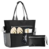 Zimoer Große Strandtasche mit Reißverschluss, Wasserdicht Badetasche Henkeltasche Damen Schultertasche Shoppertasche Schwimmbad Beach Tasche für Strand Sport Einkaufen Schwimmen Beach (Schwarz)