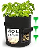 Praknu Kartoffel Pflanzsack 40L - 3er Groß Schwarz Kartoffelsack zum Pflanzen mit Sichtfenster & Etikett - Wasserdurchlässig - Innen und Außkartoffelsack