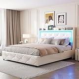 SHAODENG Bett 140x200 cm mit USB-Aufladen und LED Beleuchtung, Polsterbett Doppelbett, Jugendbett Hydraulisch Stauraumbett Funktionsbett mit Stauraum & Lattenrost, Beige, PU, Ohne Matratze
