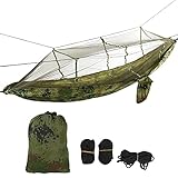 Baxnore Einzel-Doppel-Camping-Hängematte mit Netz, tragbar, leicht, Nylon-Fallschirm-Hängematte für Outdoor-Rucksackreisen, Abenteuer, Wandern (Einfarbiges, militärgrünes Tarnnetz)