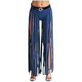 Rswnyirn Damen Vintage Wildlederhose Hippe Kostüm Sexy Shorts Höschen mit Lang Fransen Western Kostüm Karneval Mottoparty Blau M