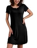 Ekouaer Damen Basic Nachthemd mit Kruselrndern Kurz Nachtkleid Kurzarm Sleepshirt Rüschen Schlafshirt, Schwarz, L