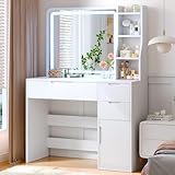 Brinlawb Weißer Schminktisch, Kosmetiktisch mit LED-Beleuchtung & Spiegel - 3 Farbtemperaturen, dimmbar | Schminktisch mit 3 Schubladen, 3 Regalen & Schrank | Weißer Make-up Tisch für Schlafzimmer