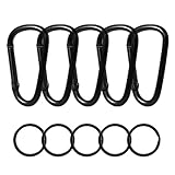 Ahysuet 5 Stück Karabinerhaken schwarz + 5 Stück Schlüsselanhänger Rund, Karabiner Schwarz Set Haken D-Clip für Campin Ausflüge Wandern Reisen Innen-Außengebrauch Usw