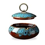 Keramischer Aschenbecher mit Deckel, Zigarettenaschenbecher für drinnen und draußen, Schreibtischdeko für Haus und Büro (Blau)