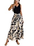 SweatyRocks Damen Kleid Ärmelloses Maxikleid A Linie Sommerkleider Pflanzenmuster Lange Kleider mit Gürtel Rüschensaum Freizeitkleid Boho Druckkleid Damenkleider Schwarz L
