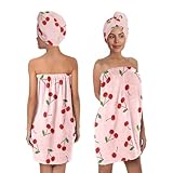 QIULIBMH Damen-Handtuch- und Haartrocknungskappen-Set mit Kirschdruck, niedliches rosa Mikrofaser-Duschtuch mit verstellbarem Verschluss, schnell trocknendes Spa, Schlafsaal, Strandgeschenk für Sie