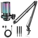 Gaming Mikrofon PC mit Arm, USB Mikrofon Plug & Play, Kondensatormikrofon mit RGB LED/Mute für Streaming, Podcast, YouTube, Home Office, Meeting, inkl. 3 Kabelbinder & USB-C Adapter