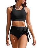 AI'MAGE Bikini Damen Set Bademode Zweiteiliger Blumenmuster Sport Bikini Set High Waisted Bikini Oberteil Große Brüste Sexy Bauchweg, Schwarz, S