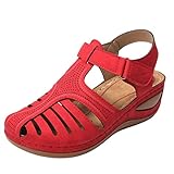 Angebote Keilabsatz Sandalen Damen Plateau Sommer Sandalen mit Knöchelriemenstrap Peep-Toe Schuhe Mode Sandalen rutschfest atmungsaktiv Damen mit herausnehmbarem Fußbett Sommerschuhe, rot, 38 EU