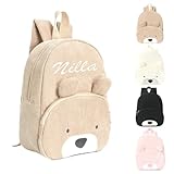 Personalisierte Rucksack Kinder mit Gestickt Namen, Bär Kinderrucksack für Mädchen Junge, Kita Mini Backpack Kleinkind, Kindergartenrucksack Schulranzen Tasche für Kindergarten Schule (Khaki)