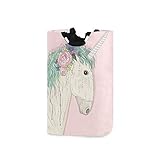 Mnsruu Niedlicher Wäschekorb mit Einhorn mit Blumen, zusammenklappbarer Wäschekorb mit Griff, faltbarer Wäschekorb
