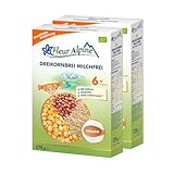 FLEUR ALPINE Bio 3-Korn-Getreidebrei milchfrei - Babybrei für köstliches Frühstück, Nahrhafter & einfach zuzubereitender glutenfreier Brei, Babynahrung nach dem 6+ Monate ohne Zuckerzusatz, 2x7 Port.