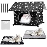 Katzenhaus Outdoor Winterfest, Katzenhöhle für Draußen, Katzenhaus Outdoor Winterfest Isoliert, mit Abnehmbarem Transparentem Vorhang, Abnehmbarem Kissen, Outdoor Katzenhaus Winterfest (Schwarz, L)