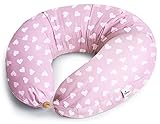 Niimo XXL 2-in-1 Schwangerschaftskissen & Stillkissen - 100% Baumwollbezug mit Faserfüllung, 100% Waschbar, Ergonomisch & Multifunktional, Pink mit weißen Herzen (200 x 70 cm)