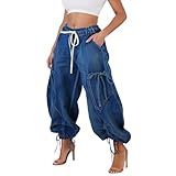 Generisch Baggy Jeans Frauen Wide Leg Locker Jeanshose mit Elastischer Bund Kordelzug High Waist Weites Bein Denim Hose Modisch Sport Jeanshosen Freizeithose Cargojeans mit Taschen