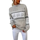 Norweger Pullover Damen Herbst Winter Strickpullover Langarm Winterpullover Warm Norwegermuster Sweatshirt Rundhals Sweater Jumpers Island Strickpulli Frauen Festliche Oberteile Pulli Damenpullover
