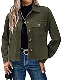 Hotouch Damen Jacke Langarm Leichte Herbstjacke Elegant Button Down Blouson Jacke Herbst Kurzjacke Cordhemd Grün S