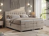 MKS MEBLE Boxspringbett 140x200 elektrisch verstellbar 7-Zonen Taschenfederkern Matratze inkl Visco Topper Bett 140x200 mit Motor Polsterbett Motorbett - Elektro - Beige Struktur - H3