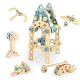 Hawthyhome Holz Konstruktionsspielzeug Kinder, Bauspielzeug Konstruktionsspiel 56 Pcs, Holzgebäude Spielzeug für Kinder, Konstruktionsset Holzspielzeug Bauwerkzeuge für Junge und Mädchen ab 3 Jahre