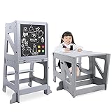 Growaystory 2in1 Lernturm Kinder Tritthocker Lernstuhl Kinderhocker Faltbarer Kinderschemel für Baby,mit doppelseitiger magnetischer Tafel,Umweltschutz,Küchen-/Badezimmerhelfer (Grau)