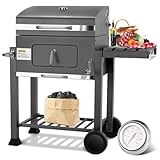 Grau Holzkohlegrill XL, Grillwagen Holzkohle, Groß Kohlegrill, Griller, Smoker Holzkohlegrill mit Deckel, 2PCS Räder, Grillrost und Thermometer, Höhenverstellbar, BBQ Grill für Camping und Garten
