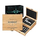 Maverton Weinöffner-Set personalisiert Weinset Sommelier Set - Geschenkbox Holzbox + 8er Weinzubehörset - aus Bambus - Braun - Geschenk zum Geburtstag für Männer - Guter Jahrgang