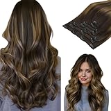hotbanana Clip In Extensions Echthaar, Balayage Dunkel Braun to Chestnut Braun 40cm 120g 7 Stück Unsichtbar Clip In Echthaar Extensions Günstig Haarverlängerung Glatt Remy Hair Extensions 16 Zoll