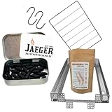 Jaeger Räuchereiprodukte | Räucher-Set Waidmann’s Heil – Komplettset zum Wild räuchern – inkl. Sparbrand, Kaltrauch-Anzünder, Räuchermehl, Fleischhaken & Rost – Made in Germany