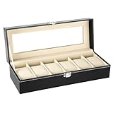 Uhrenkasten Herren Damen Uhrenbox mit 6 Fläche, Aufbewahrungsbox Samtfutter Metallverschluss, PU Schwarz, Geschenke Weihnachten