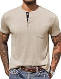 COOFANDY Herren T Shirt Henley Einfarbig T-Shirts für Herren Sommer Kurzarm Shirts Männer Lässiges Knopfleiste Basic T-Shirt mit Tasche Khaki XL