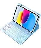 Vobafe Hülle mit Tastatur für iPad 11 10 Generation-2025/2022, 10,9/11 Zoll, Regenbogen-Hintergrundbeleuchtung Abnehmbare Bluetooth Keyboard, iPad A16 Tastatur mit Stifthalter, Hellblau