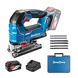 Dong Cheng Akku-Stichsäge 18V Bürstenlos, Pendelhub 800-3500 SPM, 0-45° Gehrung, 6-Stufen, Mit Dual-LED, Staubbläser, 4Ah Akku, Ladegerät, 6 Sägeblättern & Koffer