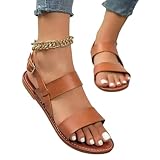ZBJZUIMEI Sandalen Damen Frauen Flache Lederkreuzgurt Rom Sommer Ladies Schuhe Schnalle Gurtgurt-braun-40