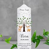 Personalisierte Taufkerzen für Mädchen-Jungen mit individuellem Taufspruch,gestaltet im Waldgrün-Stil,verziert mit Waldtieren und einem Lebensbaum-Motiv- eine wundervolle Geschenkidee zur Taufe