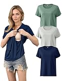 SUNNYBUY Still T-Shirts 3er-Set – Stillshirt Kurzarm für Damen – Bequeme Umstandsmode für Schwangerschaft und Stillzeit, Cremegrau+Salbeigrün+Marineblau L