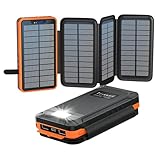 Solar Powerbank 26800mAh, elzle Solar Ladegerät mit 2 USB-A Ausgang & 1 USB-C Eingang, Outdoor Wasserfester Externer Akku mit 4 Solarpanels und Taschenlampe für Smartphones Tablets Camping