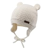 XIAOHAWANG Baby Wintermütze Jungen Mädchen Warmer Strickmützen Weicht Baumwolle-Futter mit Süße Bärenohren Winter Babymütze(Weiß, M)
