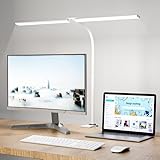 Hensam Schreibtischlampe LED für Büro, Tageslichtlampe für Monitor, 1400LM, Dimmbar, Klemmbar, Arbeitsplatzleuchte, Schwanenhals, Doppelkopf, 5 Farbmodi-Helligkeitsstufen, Weiß