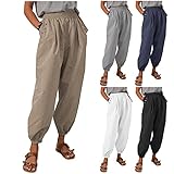 Leinenhose Damen Sommer Leicht - Sommerhose Damen Lang Baggy Elastische Freizeithose Locker Jogginghose Atmungsaktiv Pumphose Pluderhose Casual Yogahose Mit Taschen Haremshose Baumwolle Leinen Hose