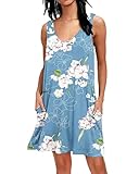 AUSELILY Sommerkleid Damen Ärmellose Strandkleid Leicht Swing Kleid V Ausschnitt Mini Kleid mit Taschen Florales Hellblau L