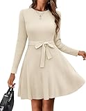 Hotouch Pulloverkleid Damen Elegant Kleider Für Damen Langarm Midikleid Mit Gürtel Rundhals Strickkleid A-Linie Pullikleid Für Herbst Und Winter Beige XXL